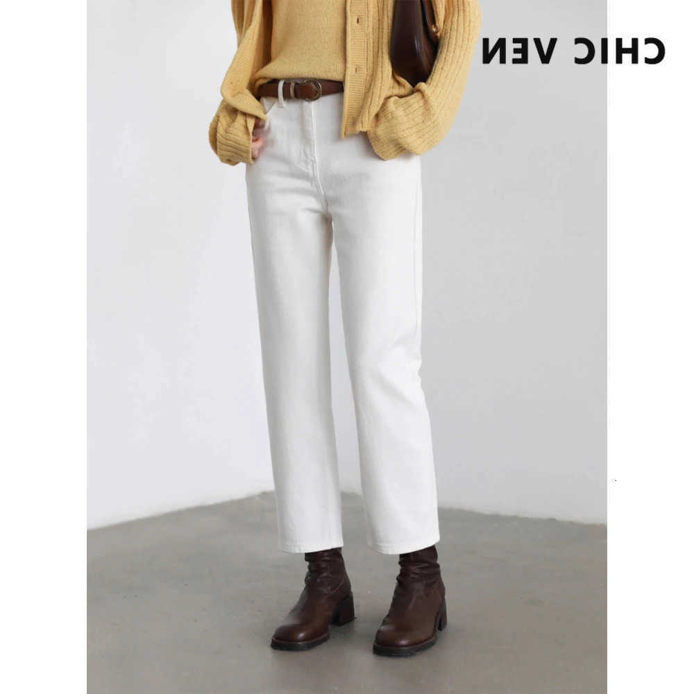 Women VEN Pants White Slim Waisted Cotton Straight Leg Slim Leg Jeans Girl Trouser Spring Autumn 2026 S2610135DIP