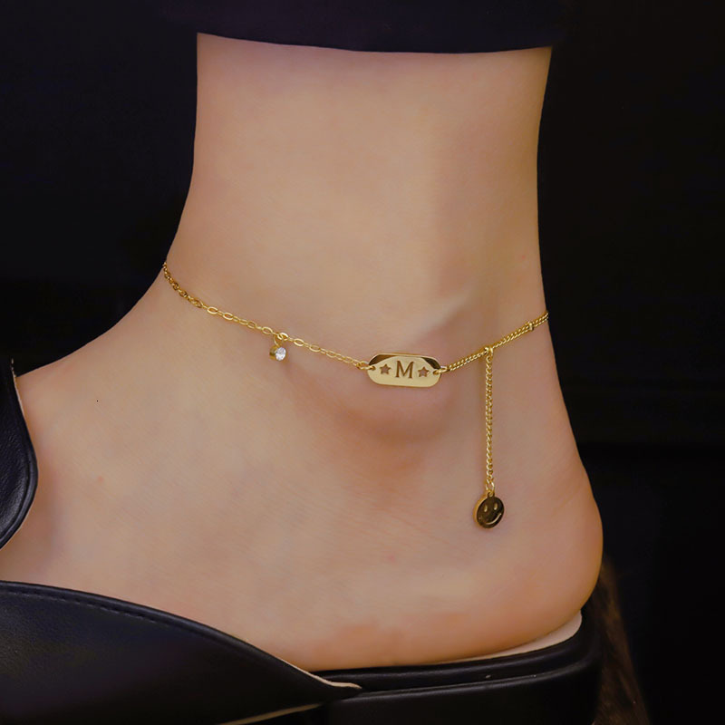 New Letter M Tassel Smiley Face Titanium Steel Anklet For Women, Fashionable Luxurious, Trendy With Zirconia, Simple And Elegant Foot Jewelry