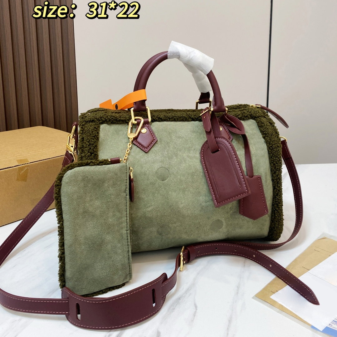 Winter New Designer Fluffy Shearling Handbag Khaki Green Shearling Trim Suede bag Monogram Boston Shoulder Handbag Top Handle Bag Large Capacity Cro