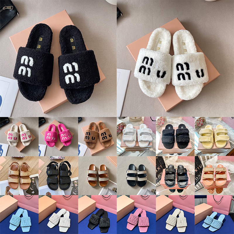 with box luxury fur slides slippers heels designer women sandals slipper fashion womens furs sliders black white pink yellow winter warm woman slipp