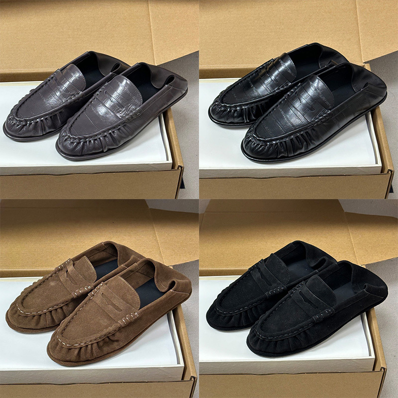 2026 Top Designer New Arrival Women 100% Genuine Leather Ruched Penny Loafers SlipOn Flat Shoes Foldable Heel Counter Crocodile Embossed Retro Footw