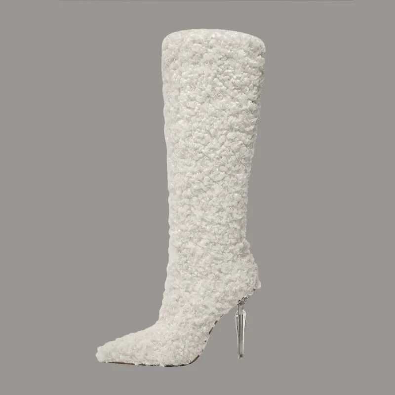 Black white suede leather simple knee length boots 2024 new women's autumn winter fashion crystal high heels boots size 35-46
