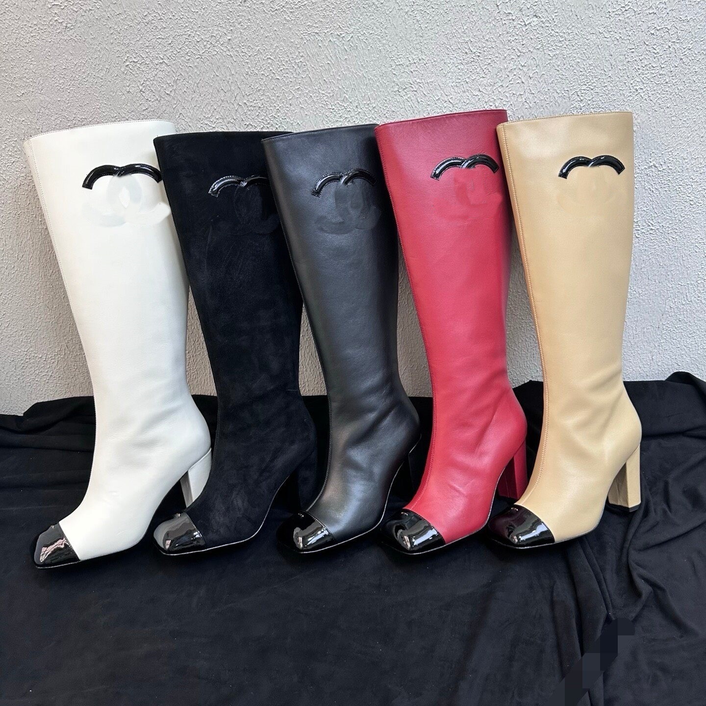 Luxury Designer Shoe Booties Tall Calf White Smooth Leather Zipper High Block Heel Winter Woman Street Stylish Trendy Patent Toe Casual Dress Party