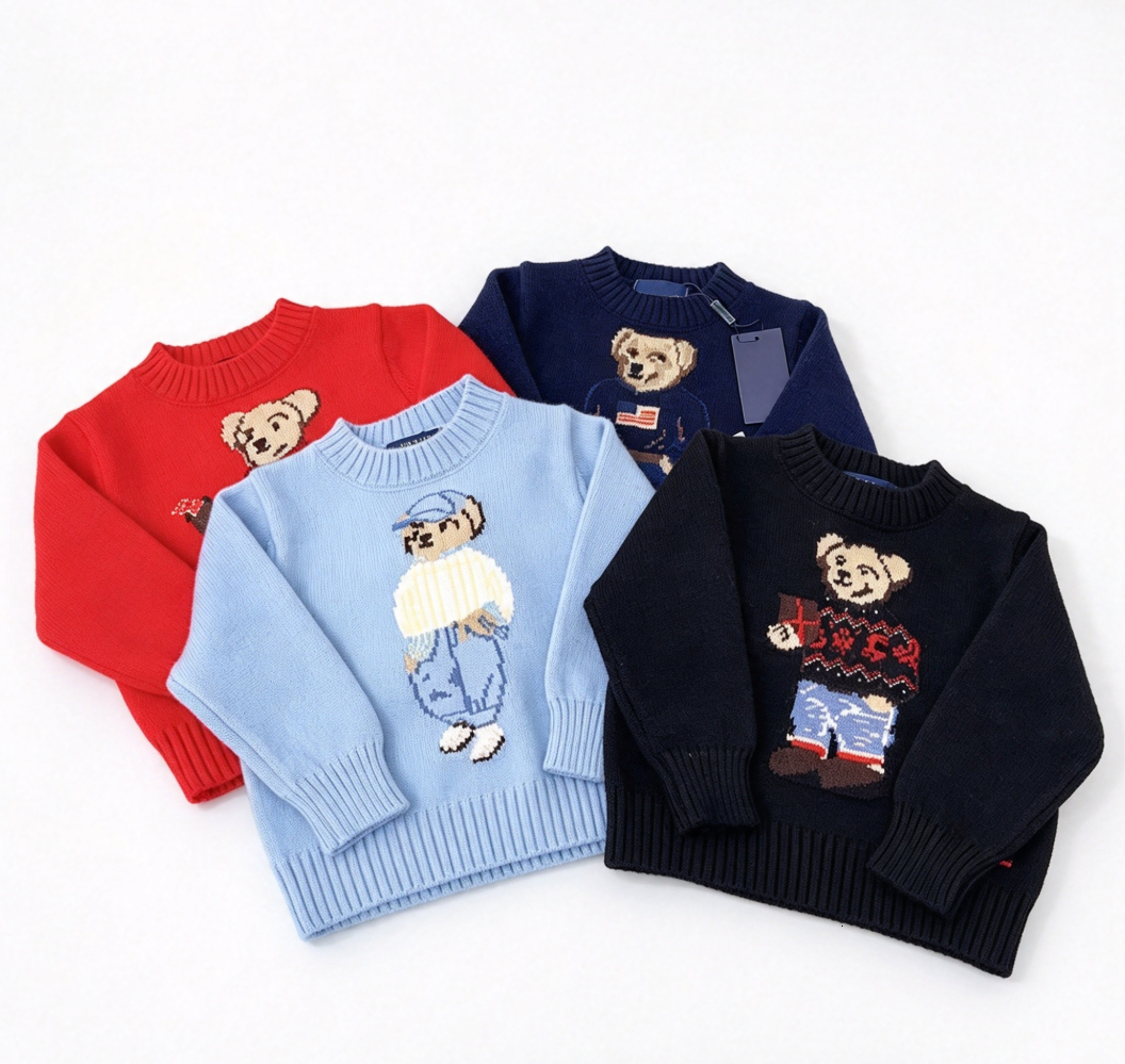 Unisex Baby Toddler Knit Sweater Premium Designer Crew Neck Cute Cartoon Bear Jacquard Long Sleeve Warm Autumn Winter Pullover Tops Boys Girls Daily
