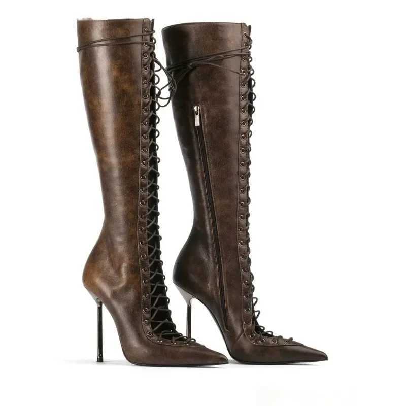 Brand Design Cross Strap Black Red Knee High Boots Autumn Winter Fashion Pointed Spicy Girl Sexy Mid-calf Women Boots Size 34-43