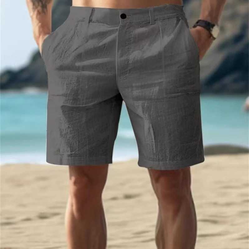 New men's cotton and linen summer solid color button beach daily outdoor breathable straight-leg casual shorts Z261013