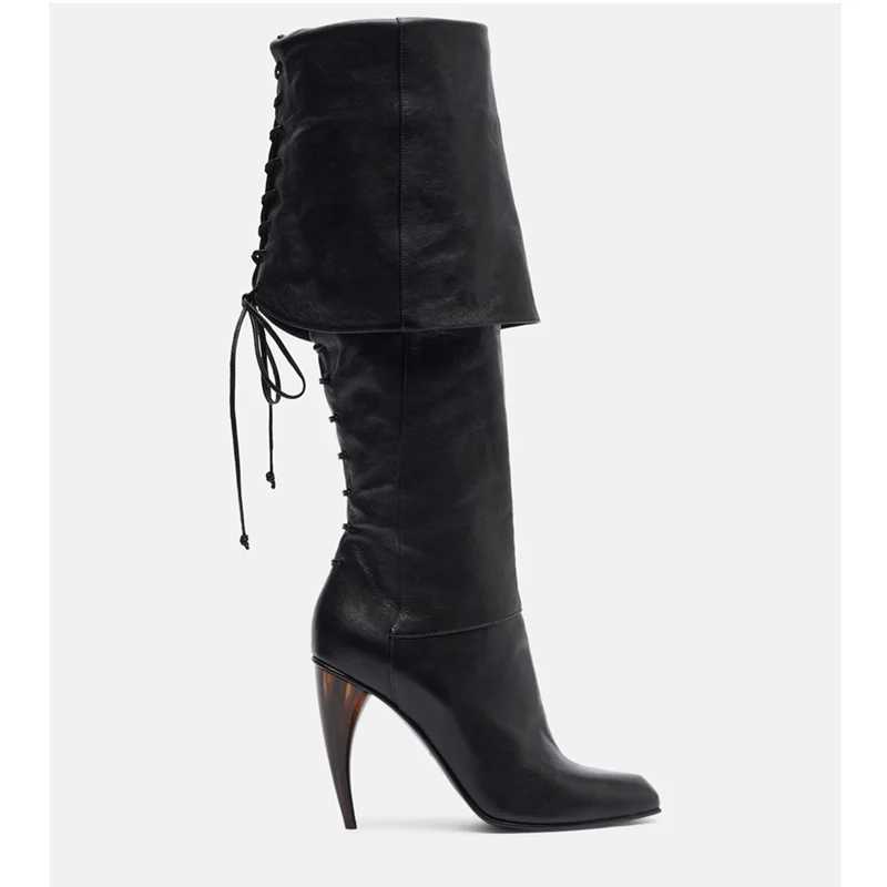 Strange Style Corss Tied Long Boots Sexy Pointed Toe Pleated Matte Leather Customized New Arrivals Fashion Women Modern Boots