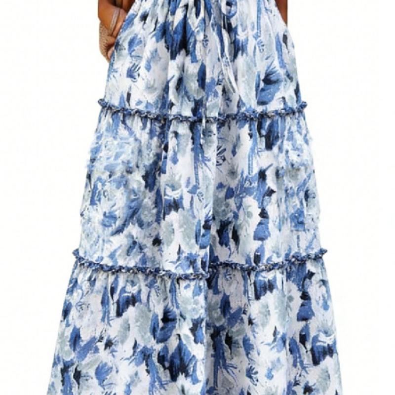 Jupe longue de styliste pour femmes, imprimé Floral, gâteau à plusieurs niveaux, poches à taille élastique, élégant, bureau, été, Polyester, S-XL