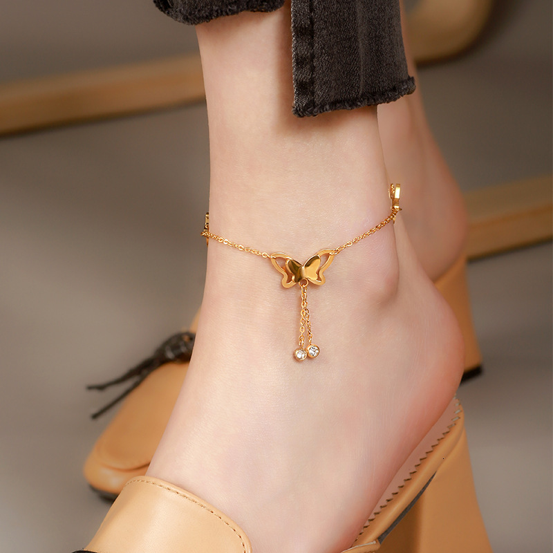 Korean Style Simple Titanium Steel Hollow Butterfly Inlaid Diamond Beach Anklet For Girls Versatile Niche Ankle Chain Non-Fading Cross-Border