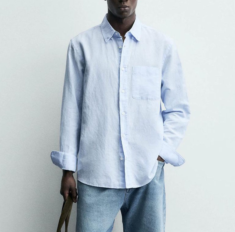 High-quality men's light blue cotton-linen lapel long-sleeve shirt, button style, slim regular fit, casual top for daily wear in summer