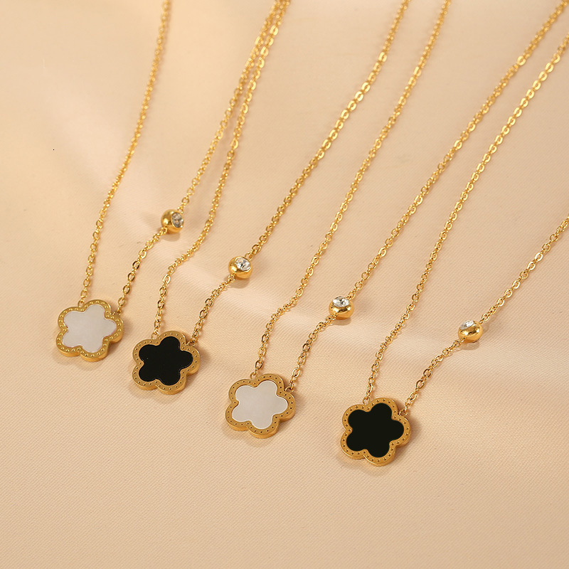 European And American Fashion Plum Blossom Mother-Of-Pearl Pendant Inlaid Diamond Titanium Steel Necklace For Women, Niche Flower Light Luxury Style