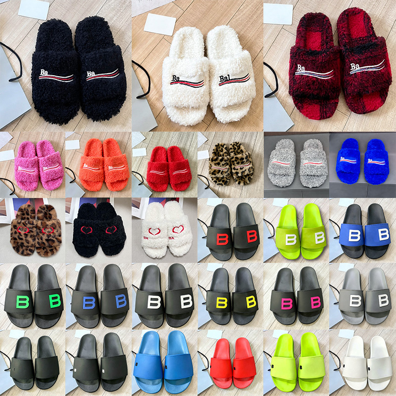luxury fur slides slippers furry heels designer furs sliders flip flop men women black white grey pink red leopard fashion sandal beach pool slipper