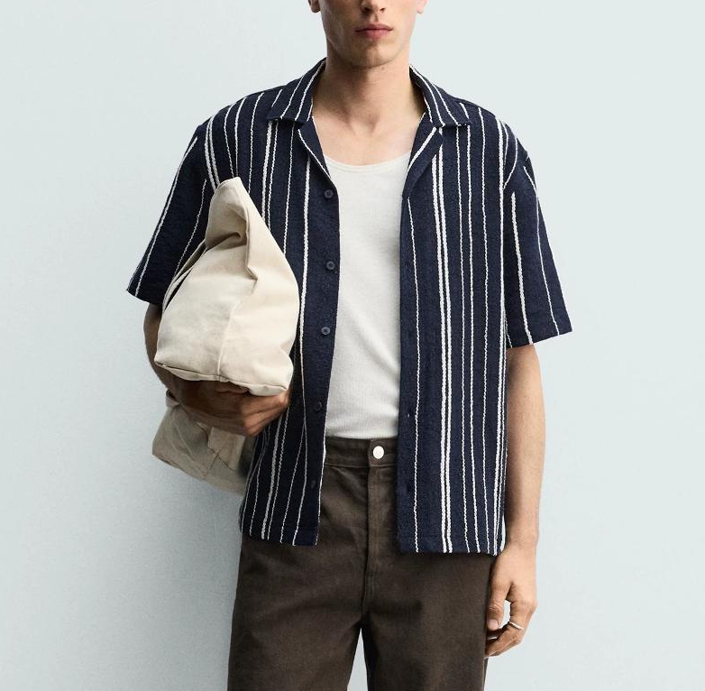 High-quality item, men's summer Cuban collar short-sleeve knitwear, striped casual button-front top, simple and elegant, breathable style