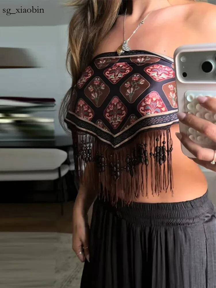 Satin Print Beaded Tassel Scarf Paneled Lightweight Vintage Bandana 2026 Women Casual Commute All match Chic Accessory Top 260807 Hot