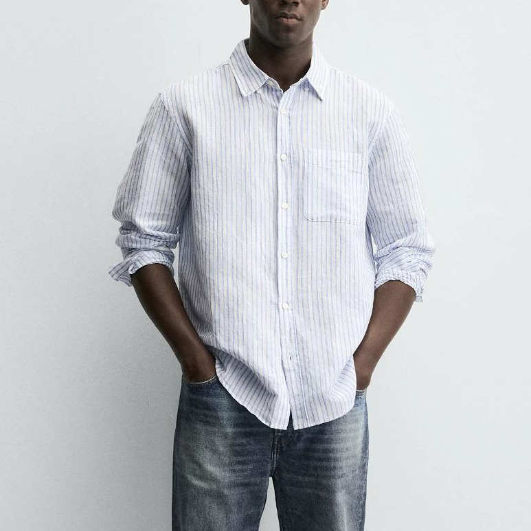 High-quality men's cotton and linen lapel long-sleeve color-blocked shirt, button style, slim regular fit, casual top for daily wear in summer