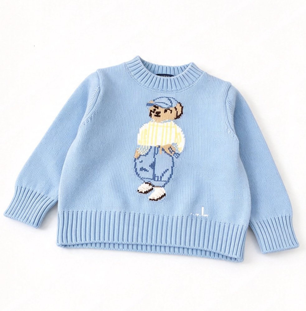 Long Sleeve Pullover Tops Premium Designer Kids Crew Neck Knit Sweater Cute Cartoon Bear Jacquard Warm Autumn Winter Outfit for Baby Toddler Boys Gi