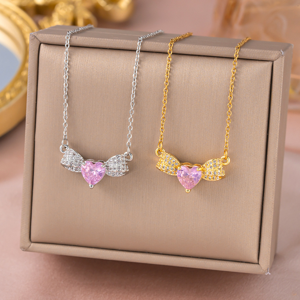 Japanese And Korean Fashion Bowknot Pink Heart Micro Inlaid Full Diamond Necklace For Women Elegant Sweet High-End New Clavicle Chain