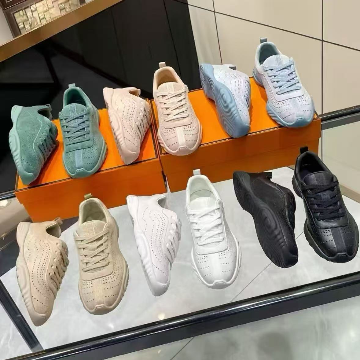 Unisex Leather Sneakers Hollow Wave Line Design Lace Up Casual Shoes Lightweight Non Slip Sole High Quality Fashion Walking Sports Shoes for Ladies