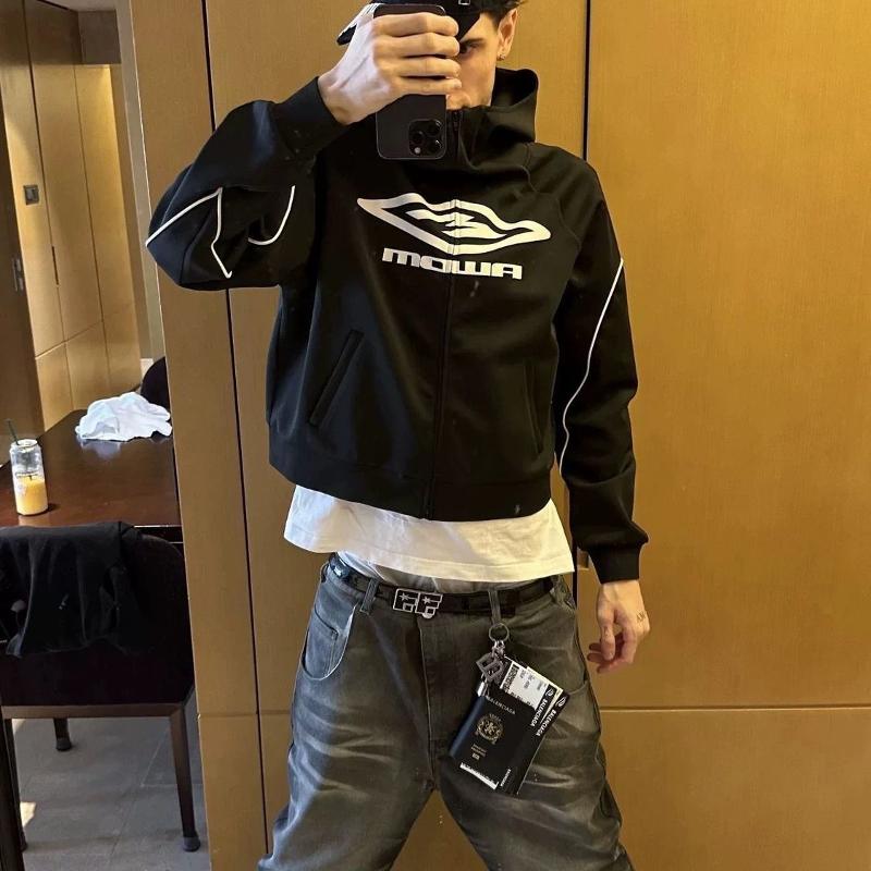 Brand Women Zip Up Hooded Track Jacket Raglan Sleeve Contrast Piping Line Chest Graphic Print Cropped Hem Casual Unisex Sport Hoodie Top