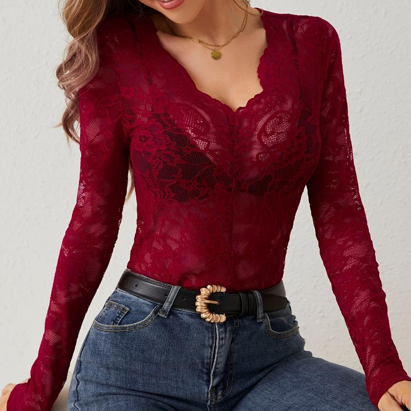 Body en dentelle florale pour femmes, col en V profond, bord festonné, manches longues, transparent, Slim, ajusté, maille extensible, combinaison
