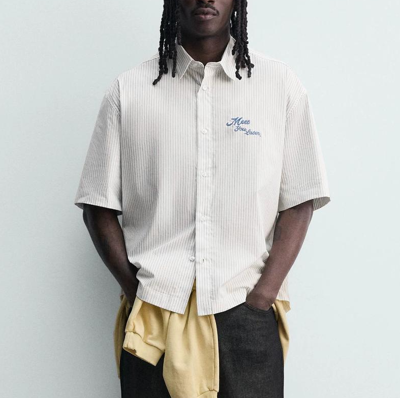 High-Quality Goods Men's Summer Striped Short-Sleeve Shirt, Casual Loose Color-Block Embroidered Printed Lapel Button Cotton White Shirt