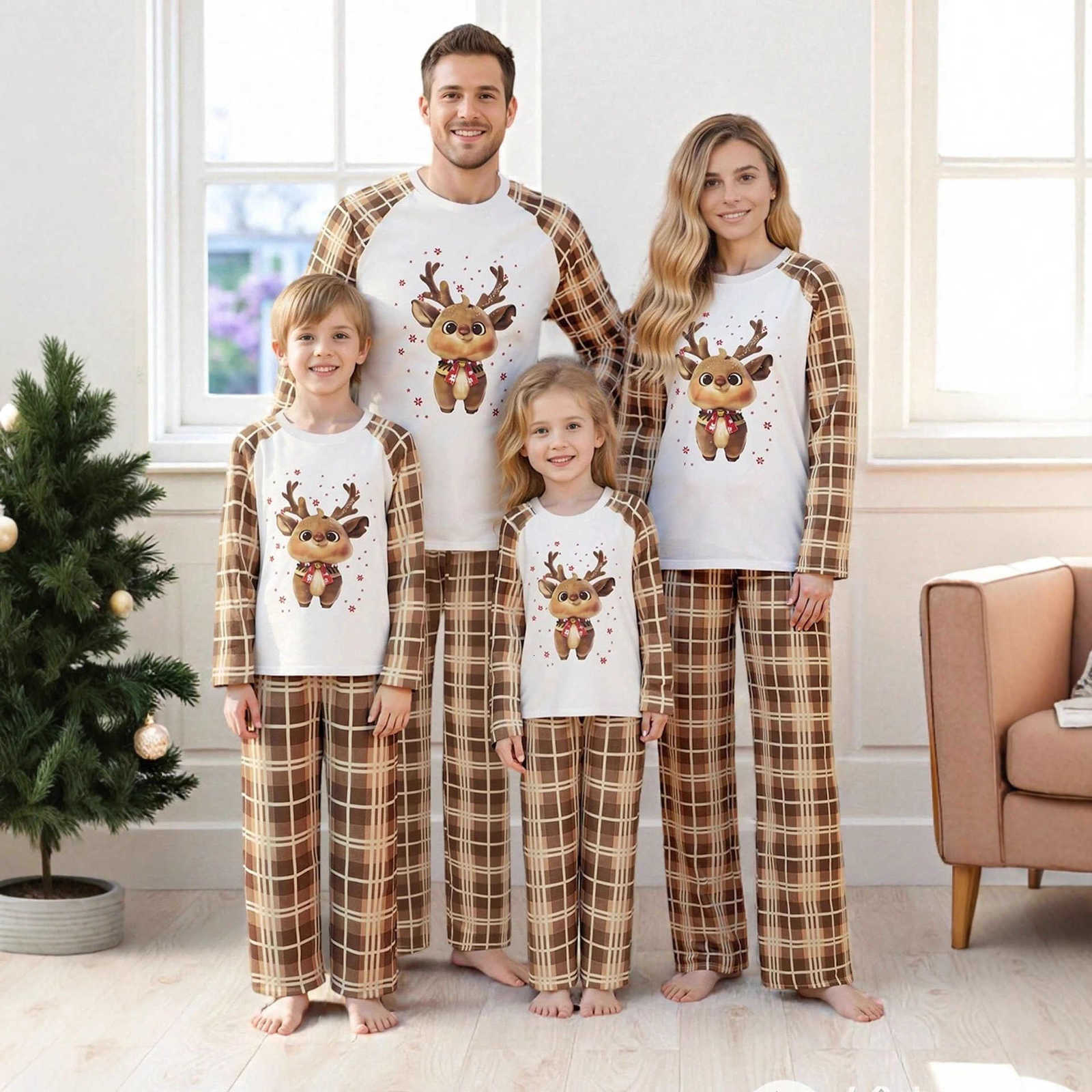 Tenues assorties pour la famille, nouvelle lettre de noël imprimée, pyjama à manches longues, ensemble à carreaux de noël, vêtements de maison T2