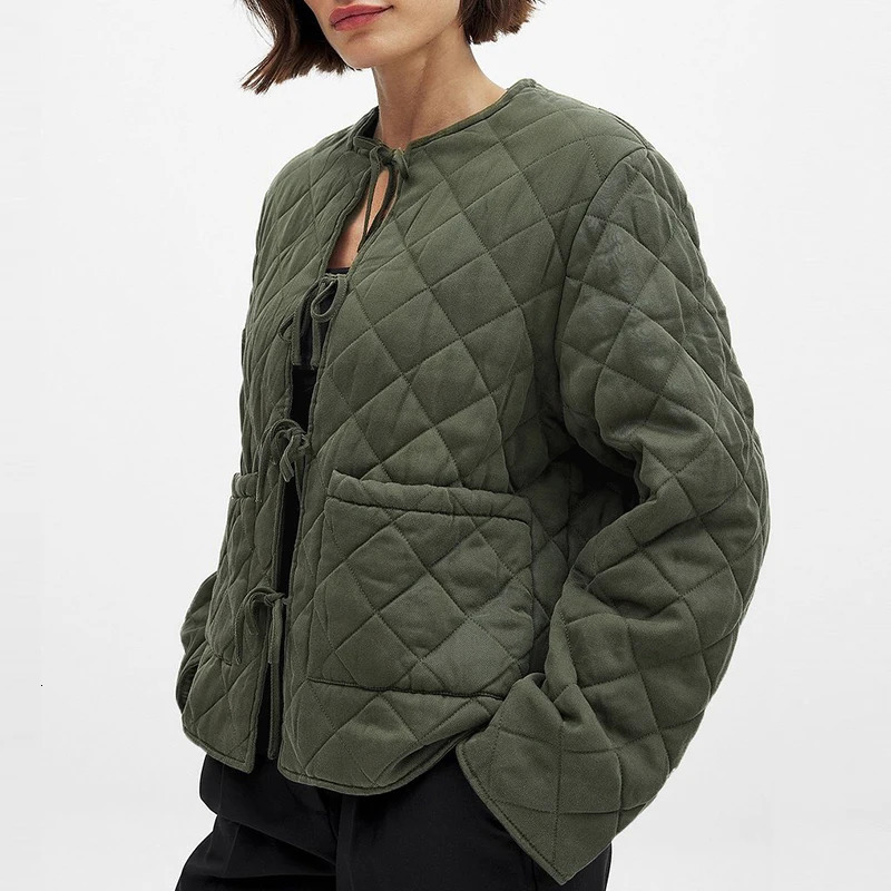 Women's Stylish LaceUp Quilted Jacket Arrival Round Neck Long Sleeve Warm Winter Coat With Pockets Woman Clothes 260929