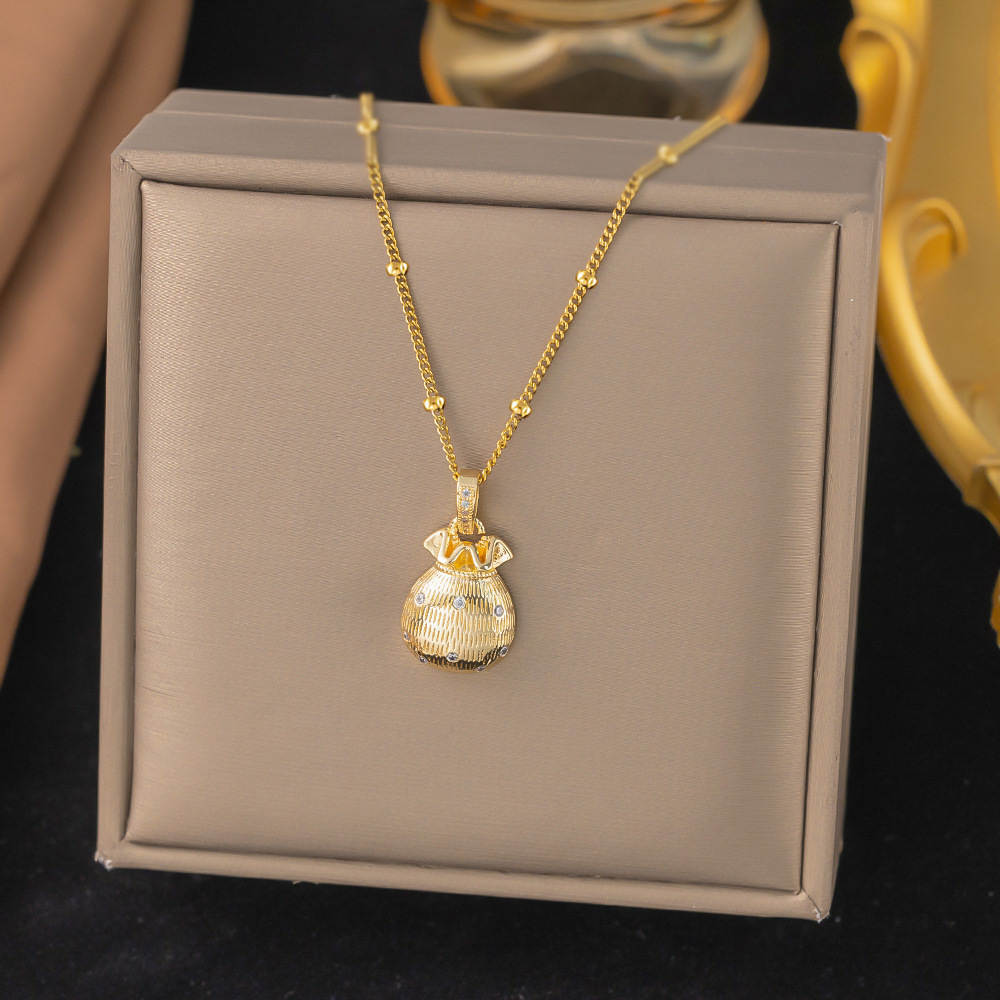 New Chinese Light Luxury Gold Thread Lucky Bag Micro Necklace For Women Fashionable Versatile High-End Exquisite Diamond Inlaid National Style Colla