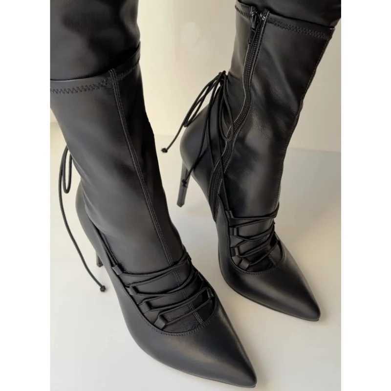 Corss Tied Solid Matte Leather Boots Sexy Pointed Toe Thin Heel Zip Customized New Arrivals Fashion Women Modern Shoes