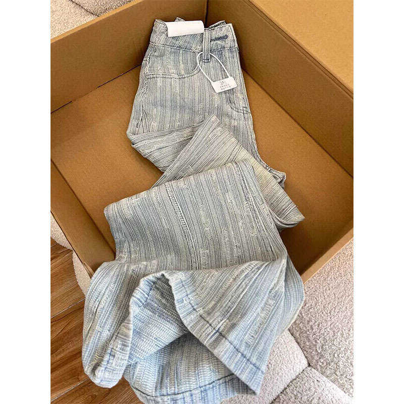 Light-Colored Plus-Size Jacquard Jeans Women Summer High-Waisted Slimming Bootcut Flared Pants For Plus-Size Ladies S2610136M6R