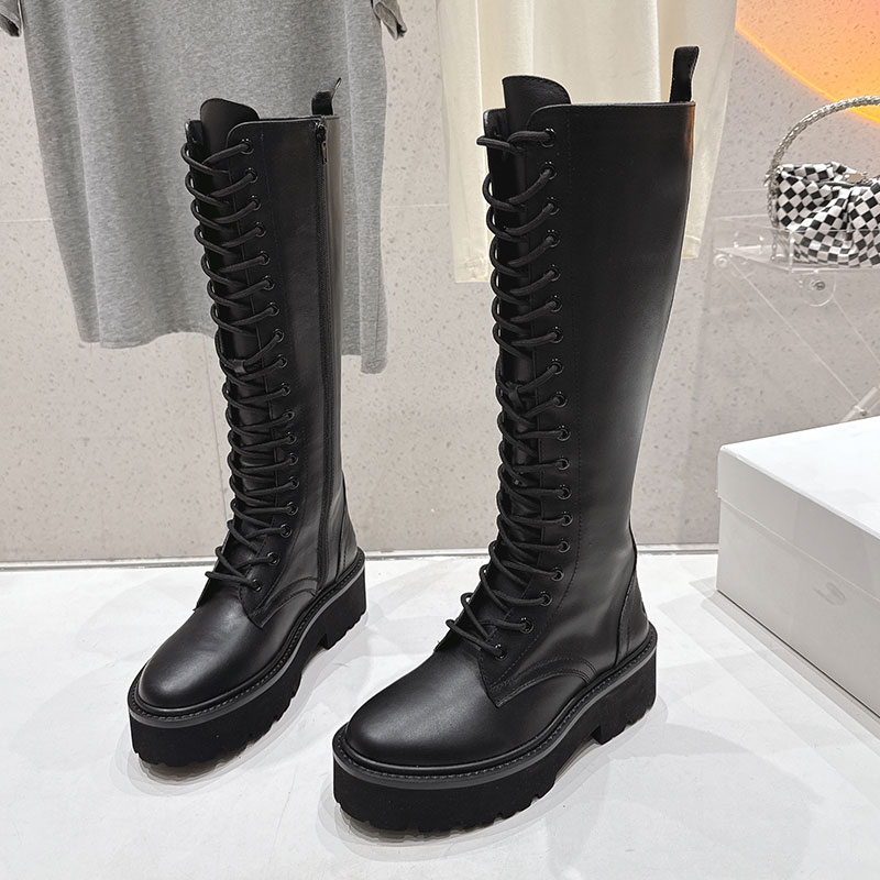Womens New Handsome British Style Mid Length Boots Designer Lace Up Knight boots Ladie Smooth Cowhide Thick Soled Motorcycle boot Rubber Outsole Siz