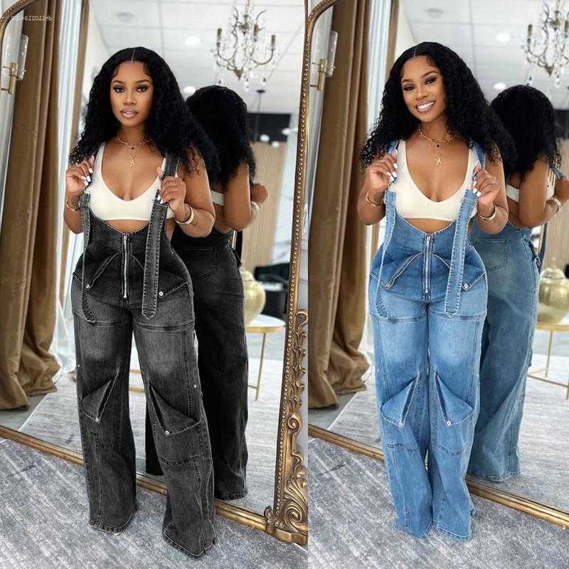Jeans Women's Summer Waisted Zip Overalls Women Clothes Multi Pockets Cargo Trousers Wide Leg Jumpsuits S261013XD7D
