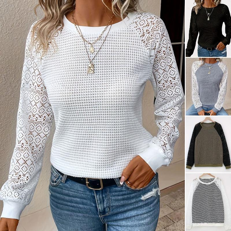 Designer Femmes Nouveau Solide Dentelle À Manches Longues Col Rond Casual T-Shirt Top Polyester Tricot Manches Raglan Ajusté Trajet Quotidien Por