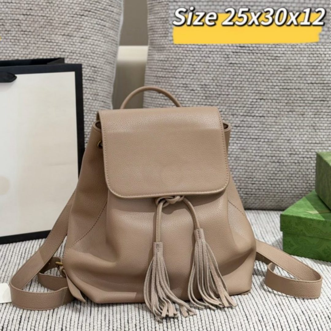 High quality Women Soft PU Leather designer Drawstring Backpack Tassel Decor Flap Top Handle Large Capacity Casual outdoor Travel Shoulder Backpack