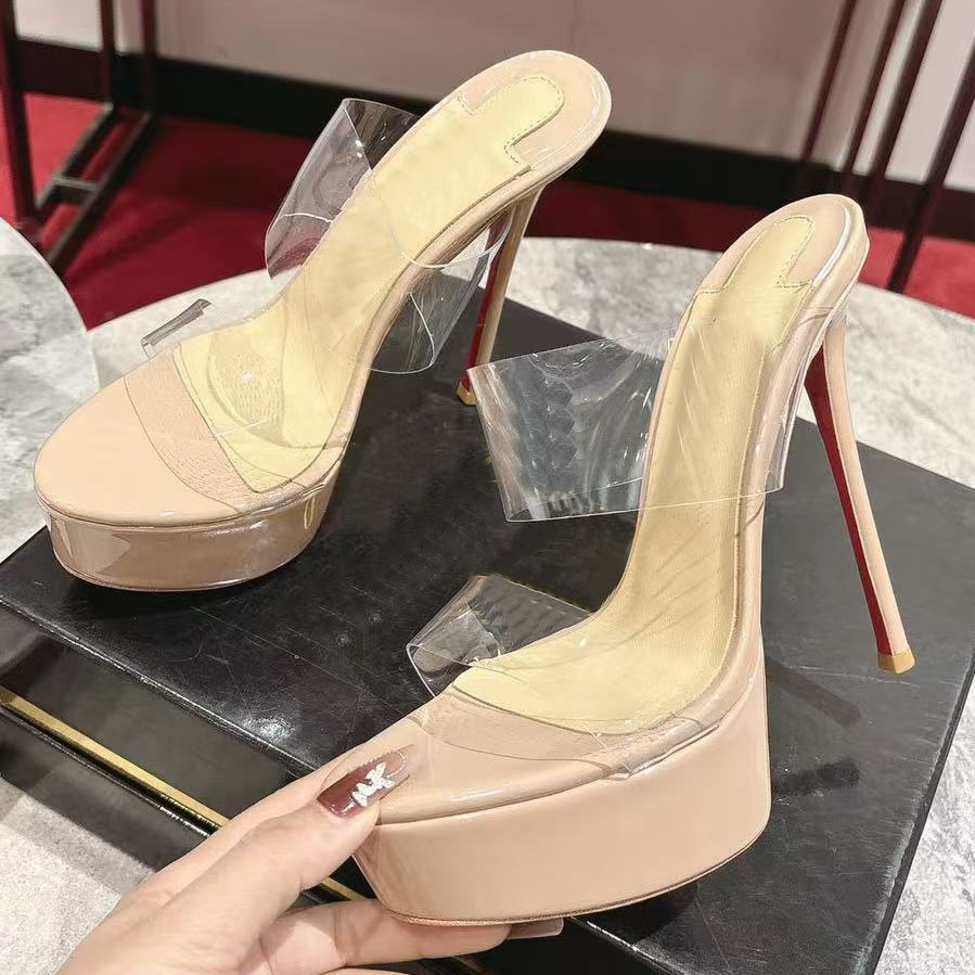 12A Top Quality Just Nothing Alta Mules 150 mm Two See Through Women Heel Sandals Classsic Fashion Platform Sandals Soft Leather Sandals