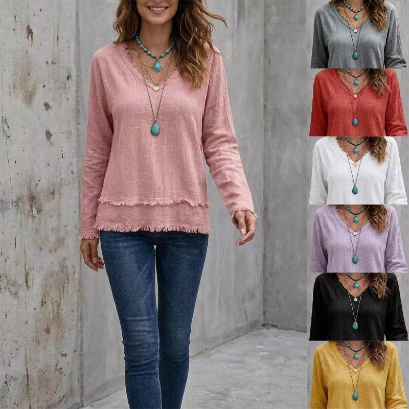 Designer Women V-Neck Lace Trim Long Sleeve T-Shirt Casual Versatile Top Daily Party Basic Tee