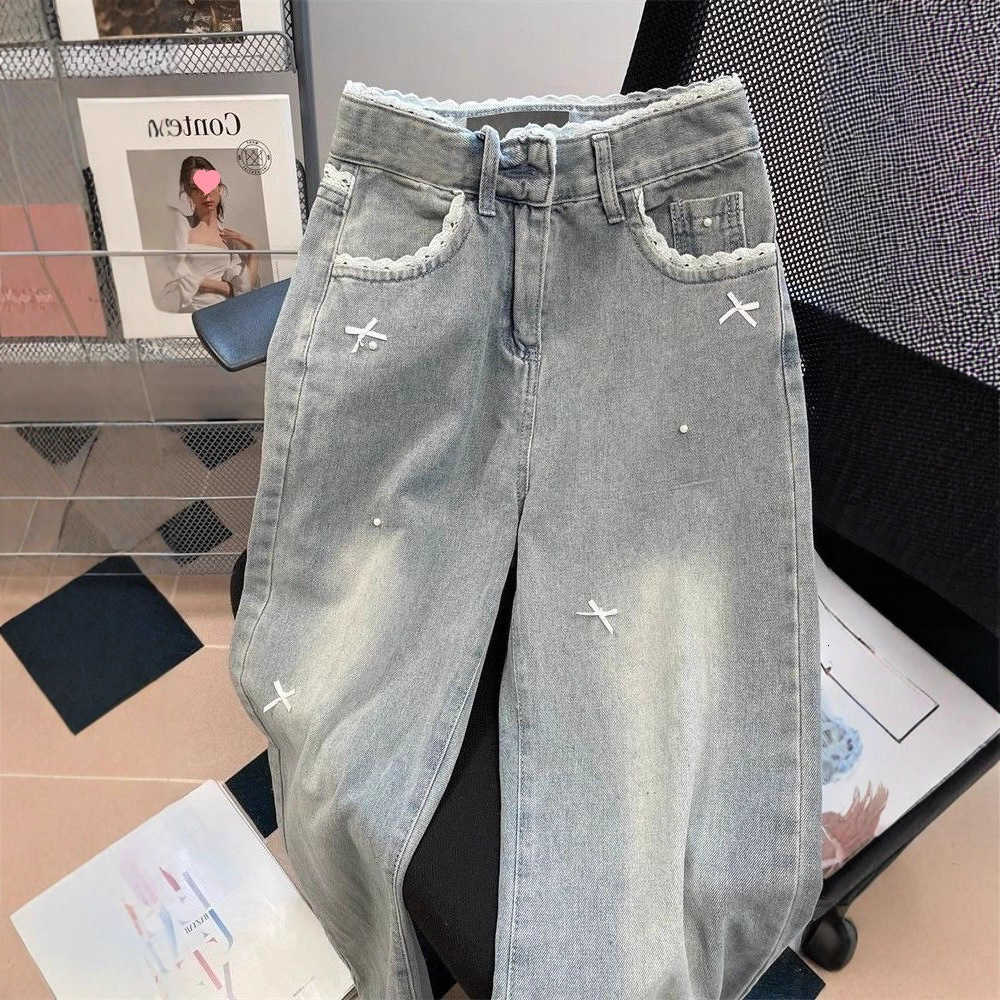 Lace New Flower Bowknot Jeans Waist Slimming Wide Leg Long Pants Autumn Winter Sister S2610137MG3