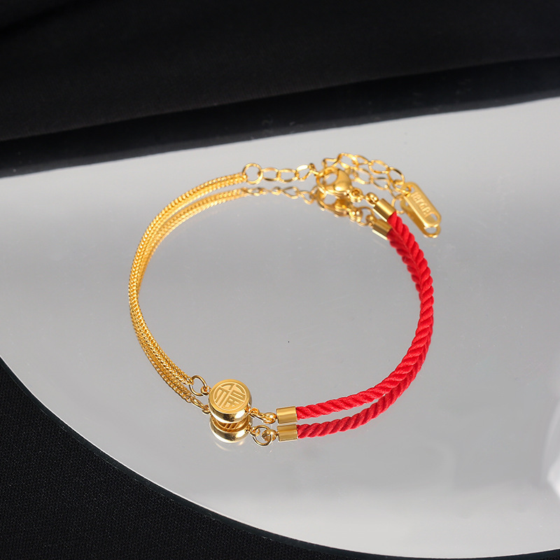 Double-Sided Small Fortune Character Lucky Bracelet Women, 18K Gold, Niche High-End Design, Red String For The Zodiac Year, Light Luxury Titanium St