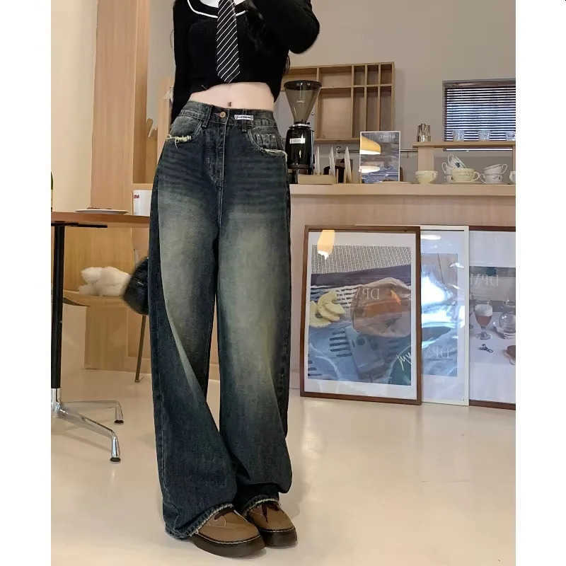 Wide Womens Leg Jeans Autumn Winter Retro Straight Trousers S261013KJZV