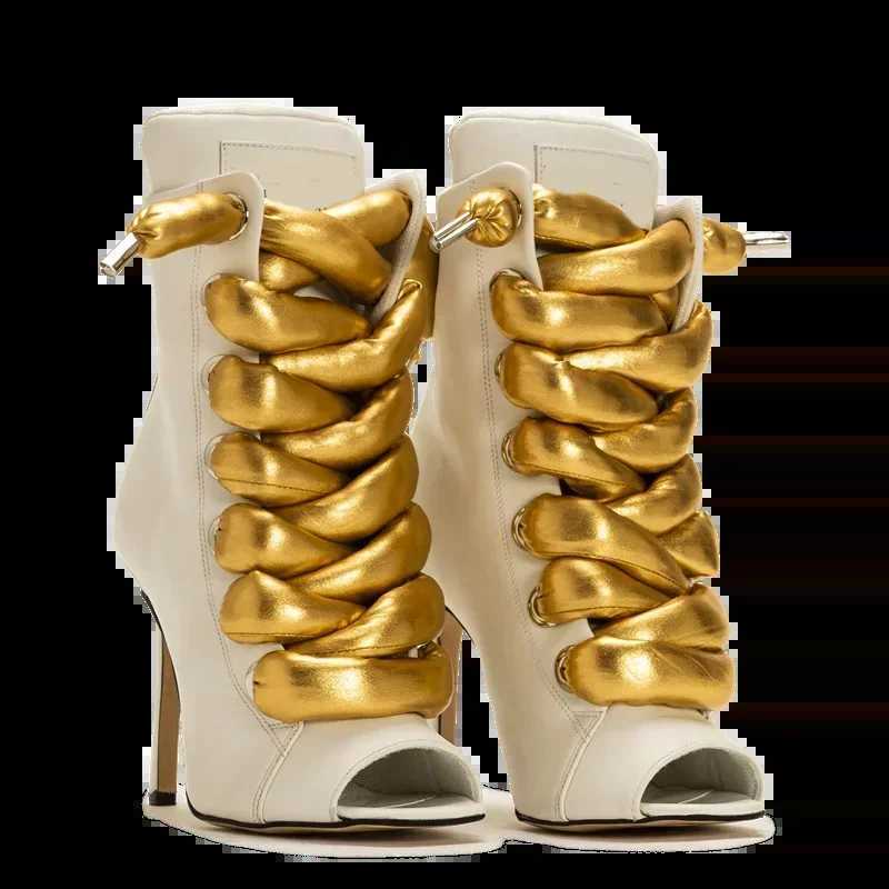 Peep Toe Corss Tied Patchwork Ankle Boots Sexy Square Toe Thick Heel New Arrivals Fashion Women Runway Shoes