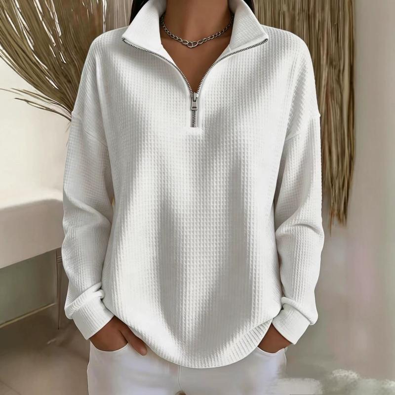 Designer Women's V Neck Zip Pullover Top Long Sleeve Waffle Knit Loose Casual Fall Winter Solid Color Tunic Blouse