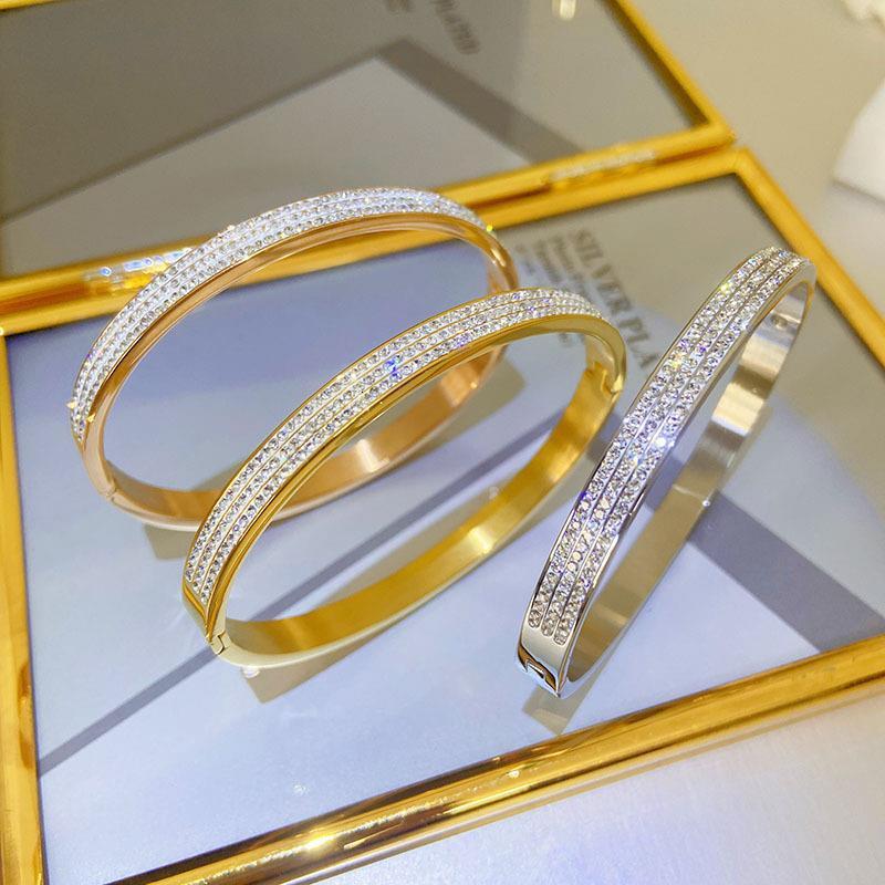 Fashionable New Three-Row Full-Diamond Titanium Steel Light Luxury Bracelet With A High-End Design, Half-Diamond Bracelet, Niche And Versatile, Does