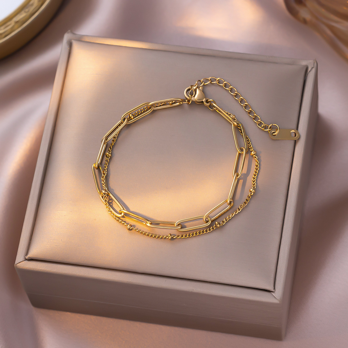 Fashion Simple Side Round Bead Chain Cross Double Layer Titanium Steel Bracelet For Women Versatile High-End New Style Jewelry Non-Fading