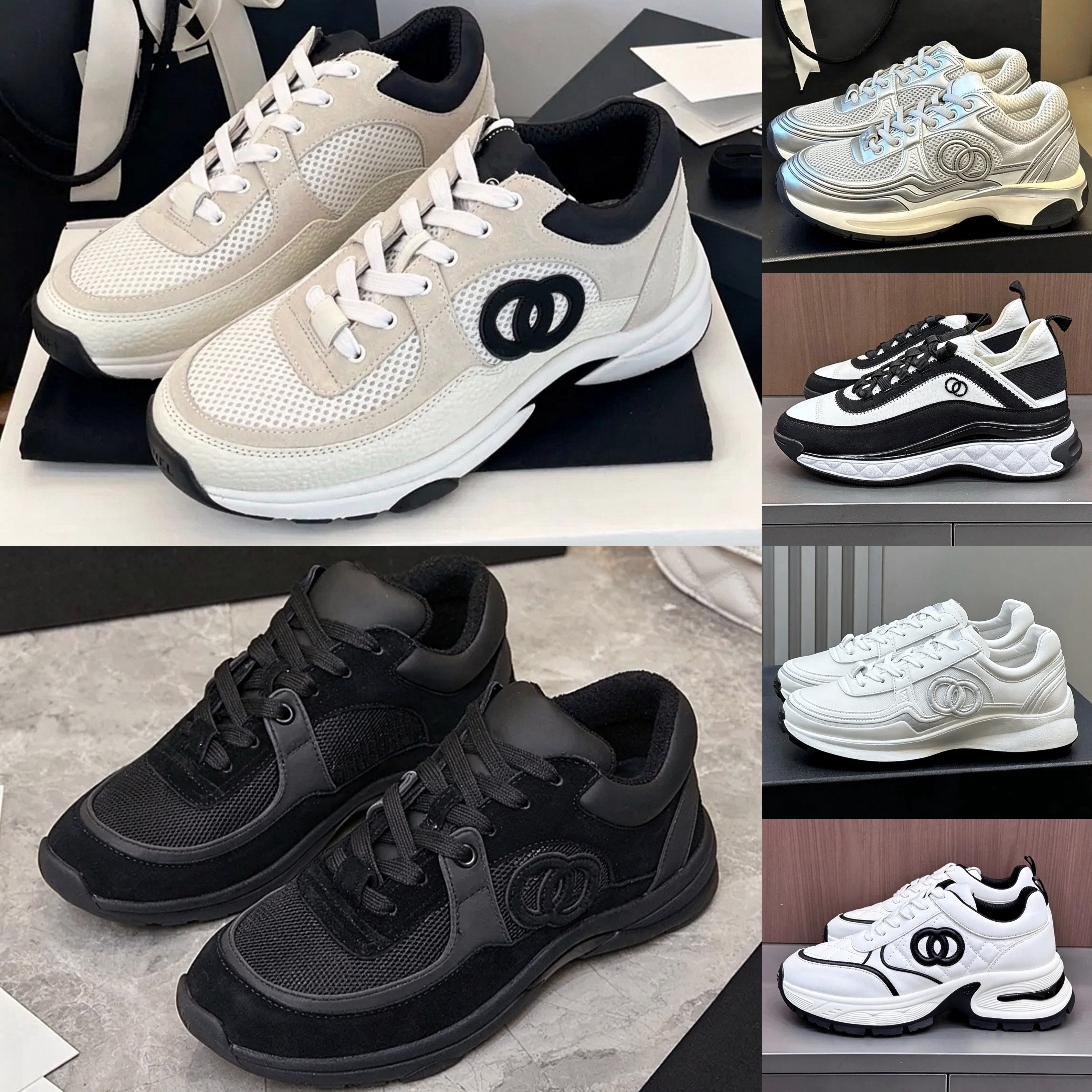 With Box Designer Shoes 23c Womens Sneakers Casual Pandashoes Golden Silver Horn King Black White Metal Mesh Leather Platform Luxury Schuhe Famous C