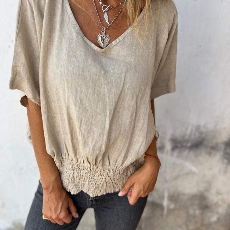 Designer Women Summer Loose V-Neck T-Shirt Cotton Linen Short Sleeve Casual Solid Ruched Top Commuter Basic Tee S-3XL