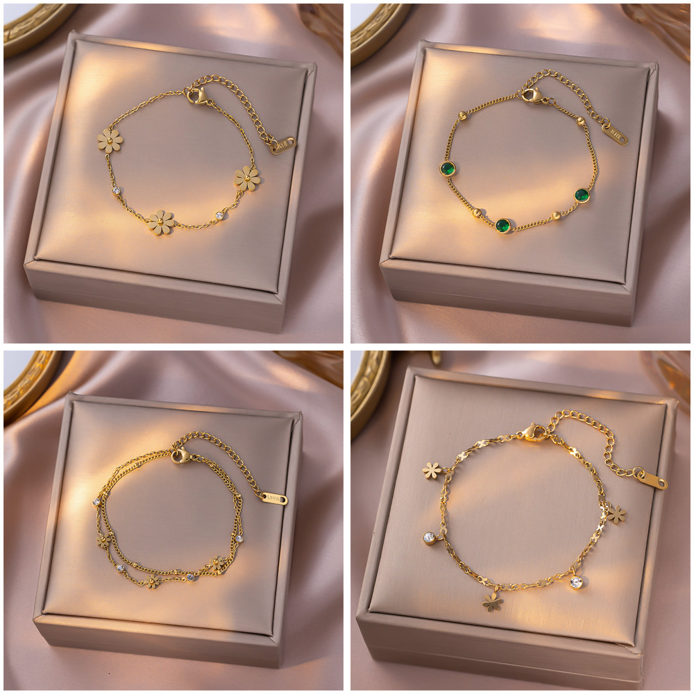 French Style Light Luxury Daisy Green Diamond Titanium Steel Bracelet For Women Fashionable Versatile New High-End Feel Jewelry Non-Fading