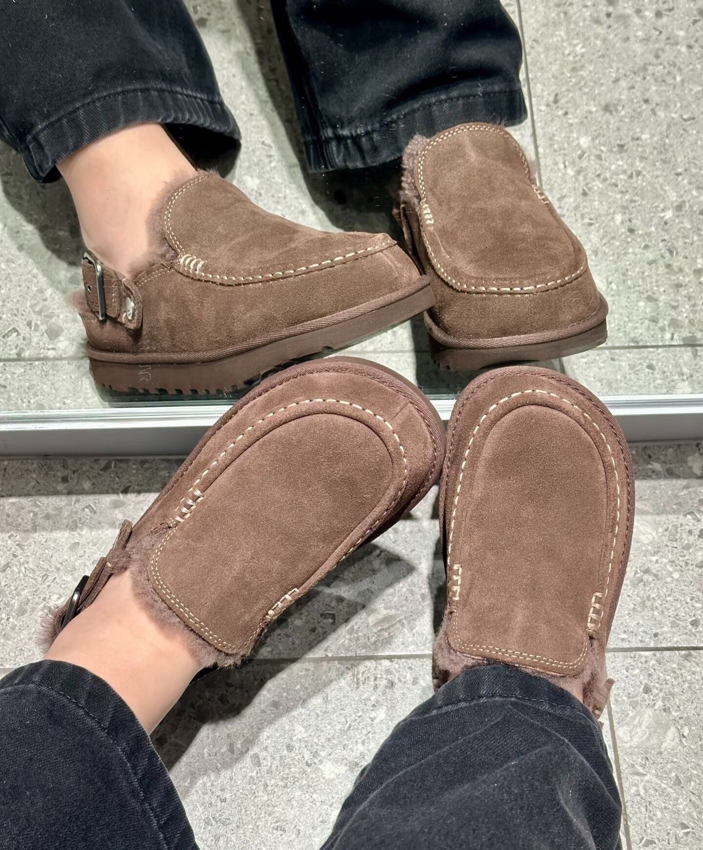Comfort Luxury Designer Blue Suede Fur Moccasin Mule Slipper Winter Buckle House Indoor Casual Mens Shoe Fashion Quality Modern Stylish Black Brown
