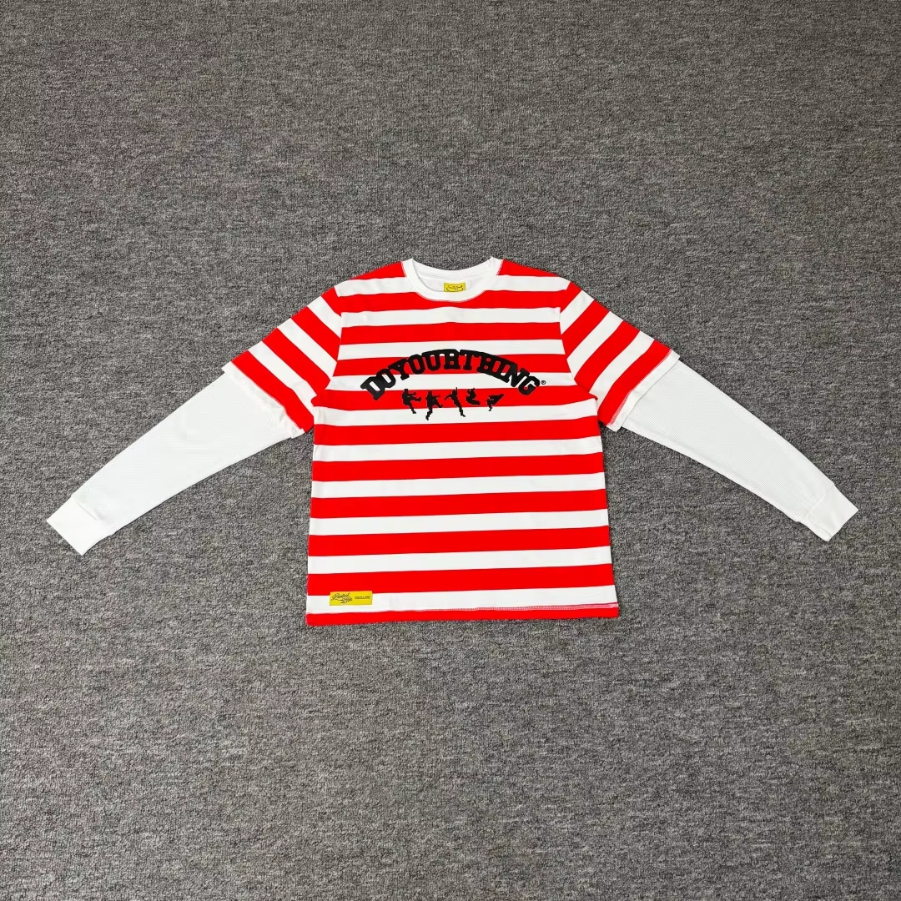 Waffle Red White Stripes Long Sleeved T Shirt Men Women High Quality Tee Tops T-Shirt