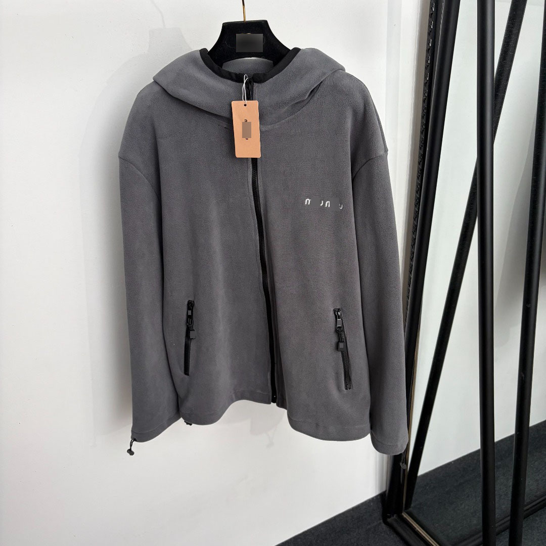 high quality women hooded polar fleece jacket gray full zip up coat letter embroidery logo drawstring hem streetwear autumn winter outerwear