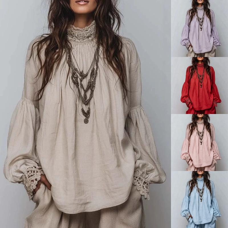 Designer femmes dentelle à manches longues Blouse col en V coupe ample Vintage Boho solide haut en coton automne chemise décontractée S-3XL